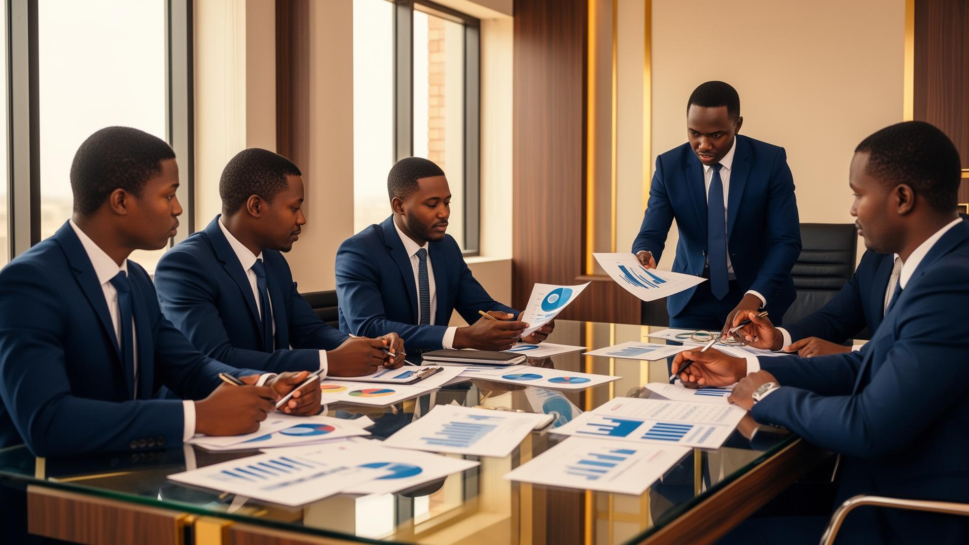 Business advisors reviewing financial documentation in a corporate boardroom